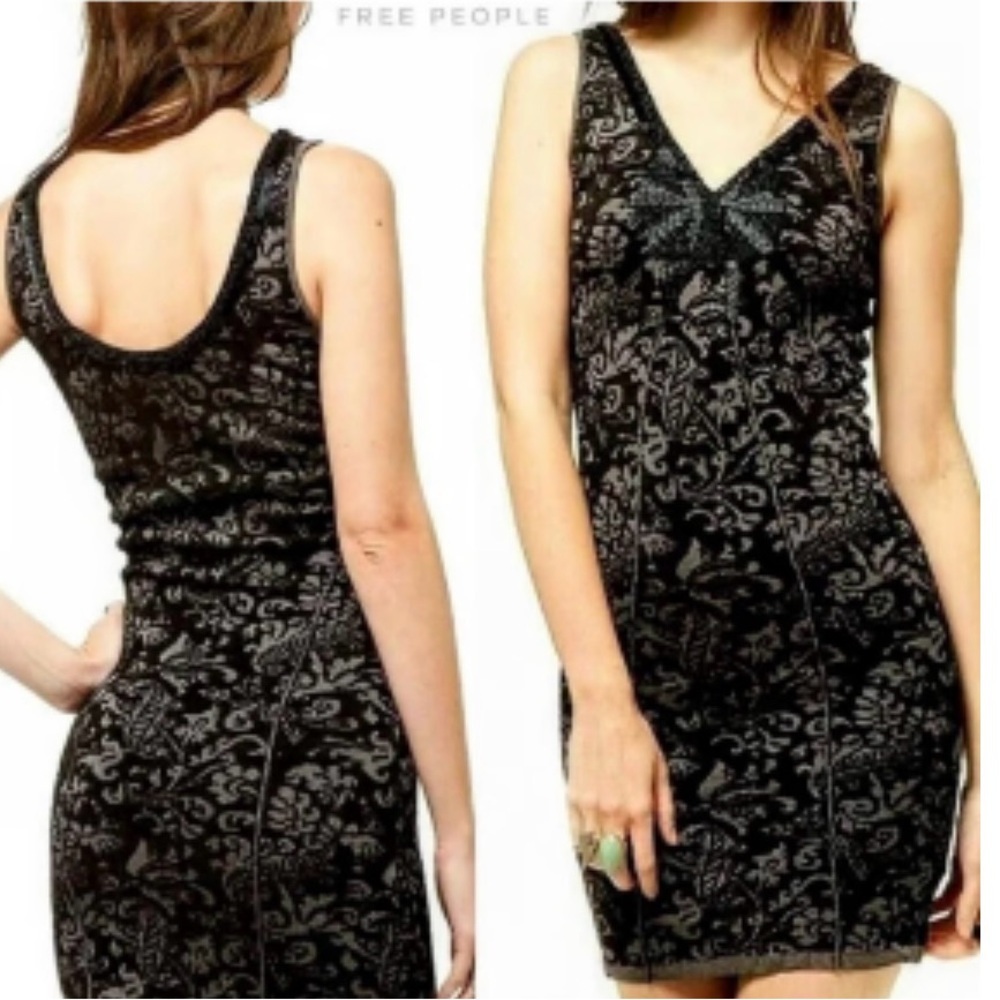 Free People Black Grey Starstruck Jacquard Embroidered Beaded Sweater Dress